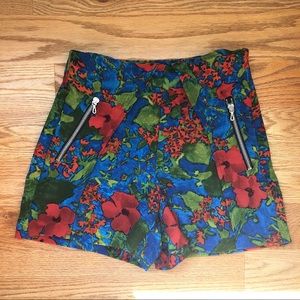 Zara Floral High Waisted Shorts with Zipper Detail